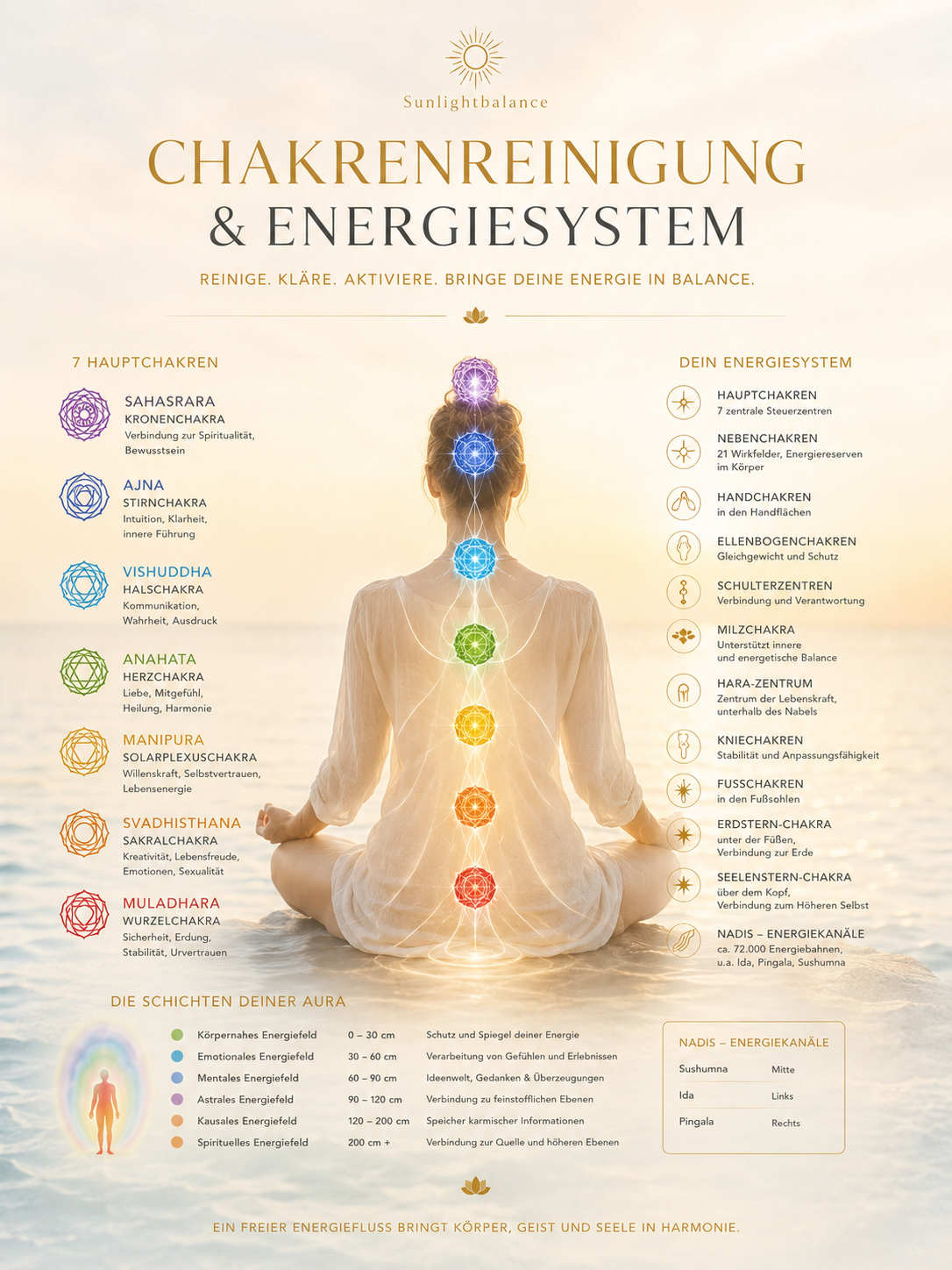 Chakrenreinigung. Auf dem Bild werden die Chakren und das Energiesystem des Menschen dargestellt, welches bei der Chakrenreinigung gereinigt und harmonisiert wird.